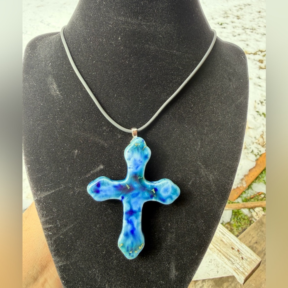 Marble Blue Cross Pendant Necklace
